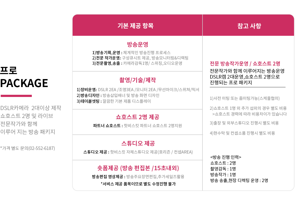 프로 Package | DSLR카메라 2대이상 제작 쇼호스트 2명 및 라이브 전문작가와 함께 이루어 지는 방송 패키지 *가격 별도 문의(02-552-6187)